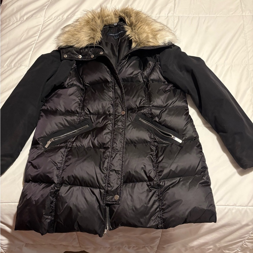 French Connection Black and Cream Puffer Jacket with Fur Trim